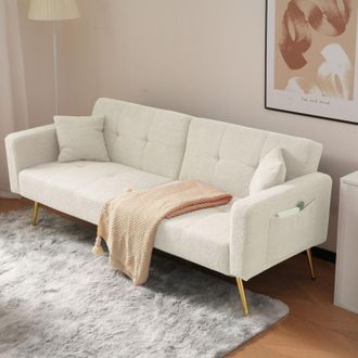 C&A White Sofa Bed with Bed Function,Three Adjustable Backrest Angles,Gold Legs,Cushions,and Side Pockets