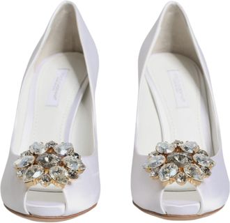 Dolce & Gabbana White Crystals Peep Toe Satin Pumps Womens Shoes (Pre-Owned)