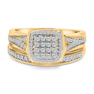 House of Brilliance 14K Yellow Gold Plated Sterling Silver 1/2 Cttw Diamond Square Cluster Bridal Set