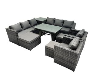 Fimous Garden Rattan Furniture Set 11 Seater with 3 Stool Side Table in Dark Grey
