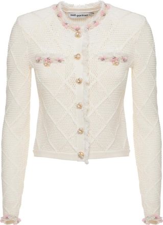 Self Portrait Truien & Vesten, Dames, Wit, S, Denim, Fringe Knit Cardigan