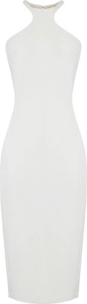 Elisabetta Franchi Form-Fitting White Midi Dress with High Neckline