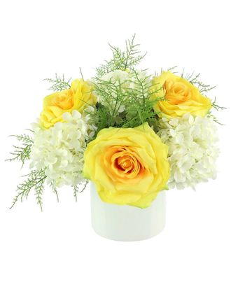 Creative Displays Inc. Yellow Roses, White Hydrangeas & Green Ferns Arranged In A Fiberstone Pot
