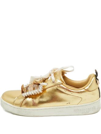 Roberto Cavalli crystal-embellished leather sneakers - women - Calf Leather/Rubber - 39 - Gold