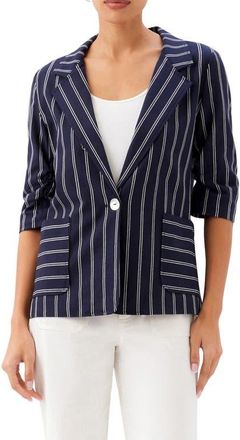 Karen Kane Stripe Ruched Sleeve Stretch Cotton Jacket in Navy at Nordstrom, Size X-Small