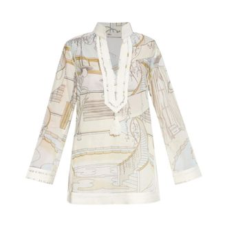 Tory Burch Tory Burch, Tunics, female, Beige, Size: M Printed cotton tunic dress