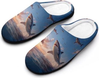 Generic Sharks in The Ocean Sunset Funny Mens Cotton Slippers Soft Non-Slip Rubber Sole House Slipper Indoor Outdoor