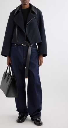 Givenchy Leather Collar Gabardine Crop Trench Jacket in Dark Navy at Nordstrom, Size 36