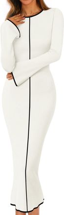 Merokeety Womens Fall Long Bell Sleeve Sweater Dress 2025 Elegant Bodycon Color Block Knit Midi Maxi Dresses, White, XL