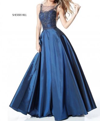 Sherri Hill Illusion Neckline Beaded Bodice Dress In Navy