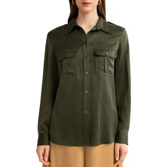 LilySilk Sandwashed Silk Shirt With Epaulettes in Safari Green at Nordstrom, Size Small