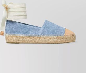 Tory Burch denim cork wedge espadrilles cap toe