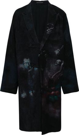 Yohji Yamamoto single-breasted graphic-print coat - men - Cupro/Flax/Viscose - 2 - Black