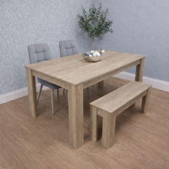 Kosy Koala Oak Effect Dining Table Set With 2 Grey Velvet Chairs & 1 Bench Dining Room Furniture in Beige