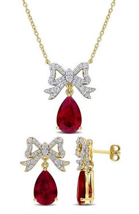 Delmar Lab Created Ruby & White Sapphire Bow Pendant Necklace & Stud Earrings Set in Red at Nordstrom Rack