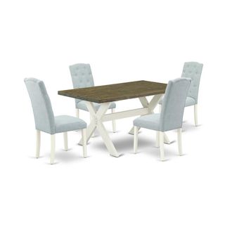 East West Furniture 5-Pc Dining Table Set- 4 Dining Padded Chairs with Baby Blue Linen Fabric Seat and Button Tufted Chair Back