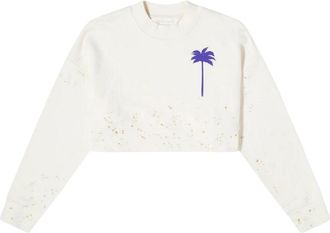 Palm Angels Womens Pxp Painted Cropped Crewneck Butter - Cream Cotton - Size X-Large