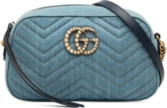 Gucci 2016-2025 kleine GG Marmont Pearly matelass&eacute; denim crossbodytas - Blauw