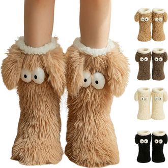 Generic Muffle Friends Cozy Socks, Womens Winter Warm Fuzzy Non-Slip Slipper Socks with Cute Big Eyes, Thick Fleece Indoor Home Floor Socks (Brown)