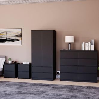 Home Discount Vida Designs Denver 4Pc Bedroom Set(2 Bedside, 8 Drawer Chest, Wardrobe) in Black