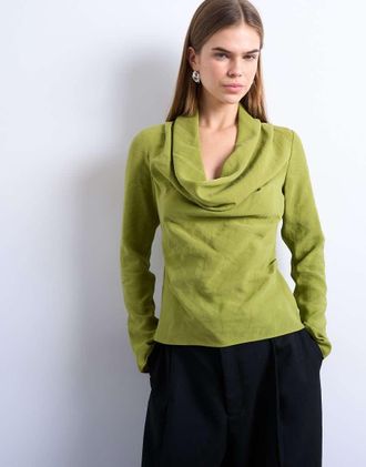 Topshop Top a maniche lunghe in cupro verde con scollo ad anello