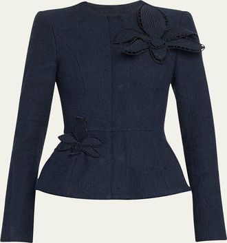 Oscar De La Renta Peplum Orchid Applique Wool Tweed Jacket