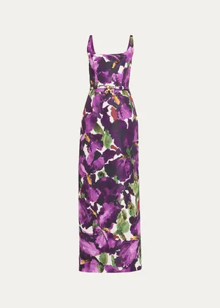 Oscar De La Renta Watercolor Iris Faille Belted Sleeveless Column Gown