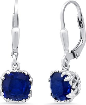 MAX + STONE 925 Sterling Silver 7mm Created Blue Sapphire Jubilee-Cut Leverback Earrings