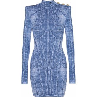 Balmain Short Jacquard Knit Dress With Denim Effect in Blue at Nordstrom, Size 40