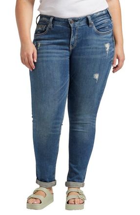 Silver Jeans Co Distressed Girlfriend Jeans in Indigo at Nordstrom, Size 12W X 29