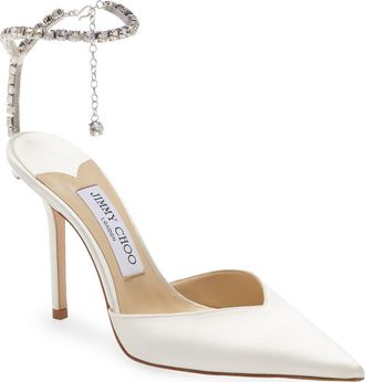 Jimmy Choo London Saeda Crystal Ankle Strap Pointed Toe Pump in Ivory/Crystal at Nordstrom, Size 10.5Us