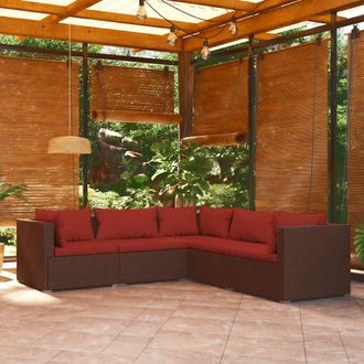 vidaXL Set Sof&aacute;s De Jard&iacute;n 5 Piezas Y Cojines Rat&aacute;n Sint&eacute;tico Marr&oacute;n Vidaxl