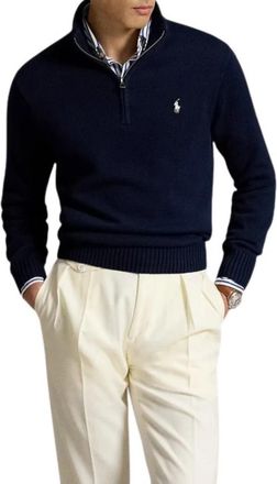 Ralph Lauren Trui met halve rits - Heren - Ronde hals truien - Blauw - S - Katoen - Truien & Vesten