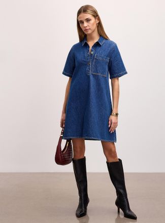 Jack & Jones Womens Mara indigo denim polo-collar A-line minidress