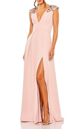Mac Duggal Beaded Cap Sleeve V Neck A Line Gown in Rose Pink at Nordstrom, Size 16