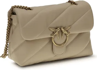 Pinko Womens Love Classic Leather Shoulder Bag Beige-Grigio Fumo-Antique Gold Calf Bos Taurus