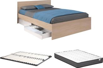 Vente-Unique Cama con 2 cajones 160 x 200 cm - Color: Natural y blanco brillante + Somier + Colchón - VELONA