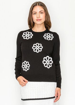 YAL New York Black Crew Neck Sweater - Daisy Motifs
