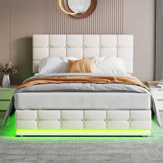 Merax PU Leather Ottoman 4ft6 Double Bed with RGB LED & Tufted Headboard in White