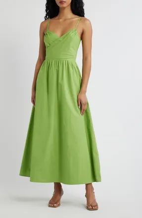 Lulus Marcella Tie Back Cotton Poplin Dress in Kiwi at Nordstrom, Size X-Large