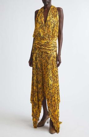 Proenza Schouler Paulina Pleated Georgette Halter Dress in Gold Multi at Nordstrom, Size 12