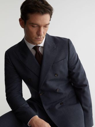 Reiss Airforce Blue Fibre Wool Textured Double-breasted Blazer Tailored-fit, 40