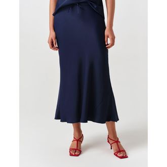 Ghost London Dahlia Picot Trim Satin Midi Skirt in Navy at Nordstrom, Size 10
