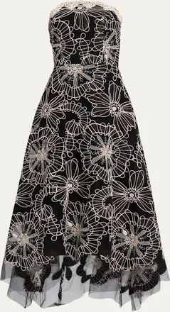 Teri Jon Strapless Floral-Embroidered Tulle Maxi Dress