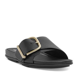 FitFlop Womens FitFlop Gracie Sandals Black Leather Maxi-Buckle Slide HAWK2513