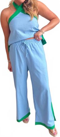 Entro Contrast Hem Solid Wide Leg Pants In Blue