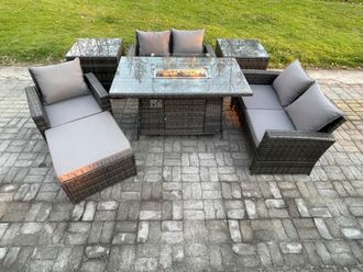 Fimous Rattan Outdoor Garden Furniture Gas Fire Pit Table Sets Gas Heater with Love Sofa Armchair 2 Side Tables Big Footstool 6 Seater in Dark Grey