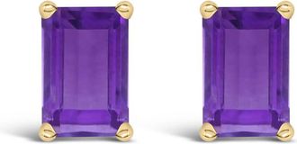 House of Brilliance 14K Yellow Gold 6x4MM Emerald Shaped Amethyst Solitaire Stud Earrings