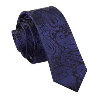 DQT Paisley Floral Patterned Wedding Skinny Neck Tie for Men in Navy Blue