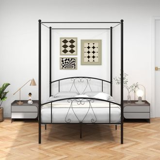 Costway Costway Double Size Metal Canopy Bed Frame 4-Poster Modern Platform Wooden Slat Support in Black